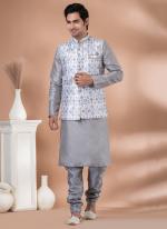 Silk Grey Wedding Wear Embroidery Work Readymade Modi Jacket Kurta Pajama